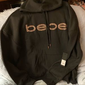 Bebe NWT Plus size rhinestud pullover hoodie, black with rose gold soft Warm